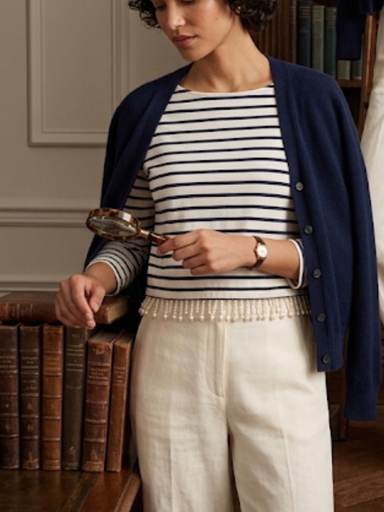 J. Crew Tops - J. Crew Mariner Stripe Cropped Pearl Fringe Boatneck Top XS NWT